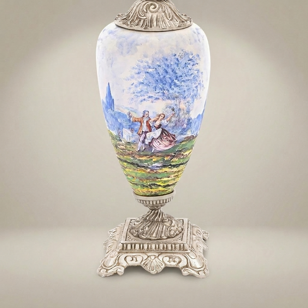 Classical Porcelain Table Lamp - Hand-Painted Romantic Scene with Ornate Brass Base — Silver