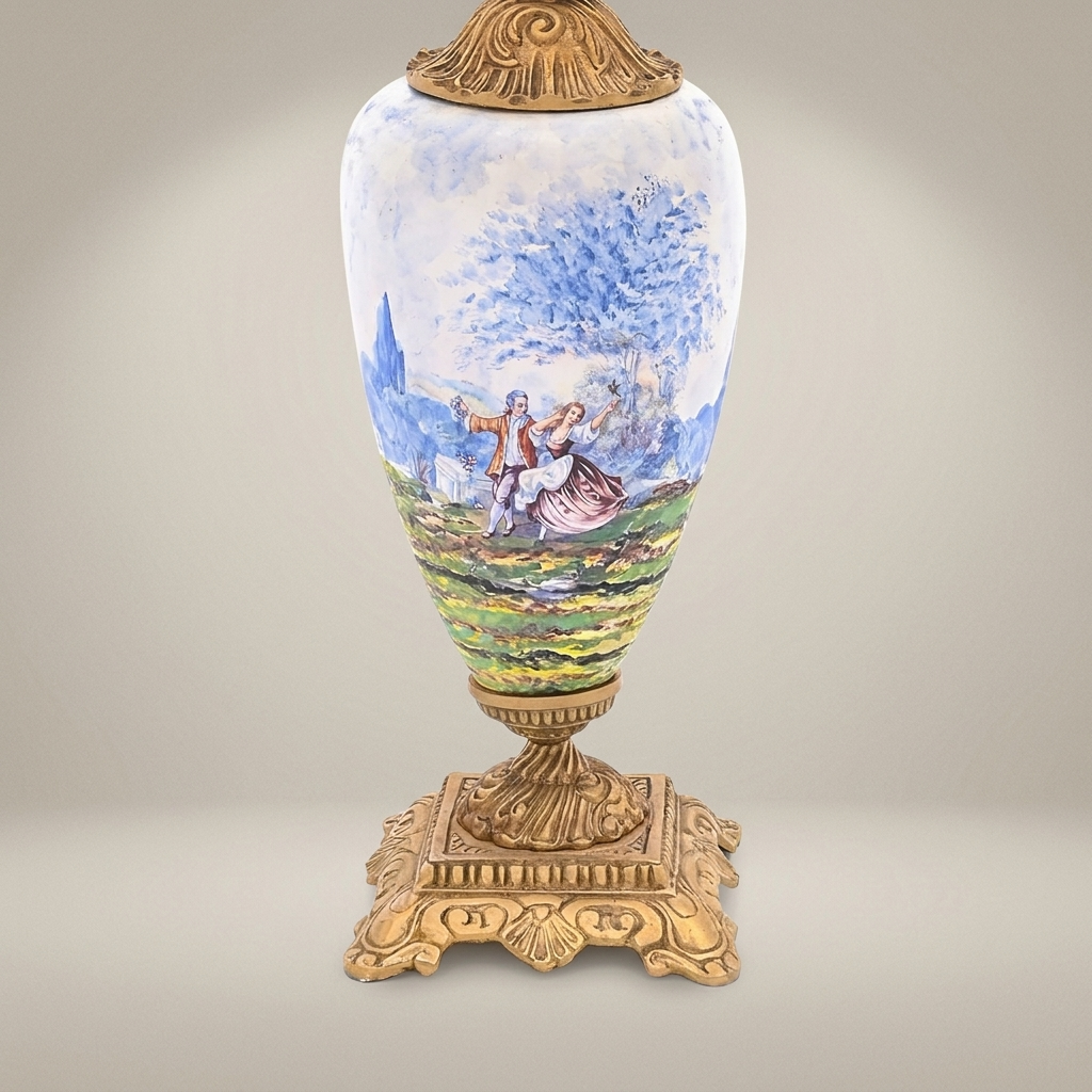 Classical Porcelain Table Lamp - Hand-Painted Romantic Scene with Ornate Brass Base — Antique Gold