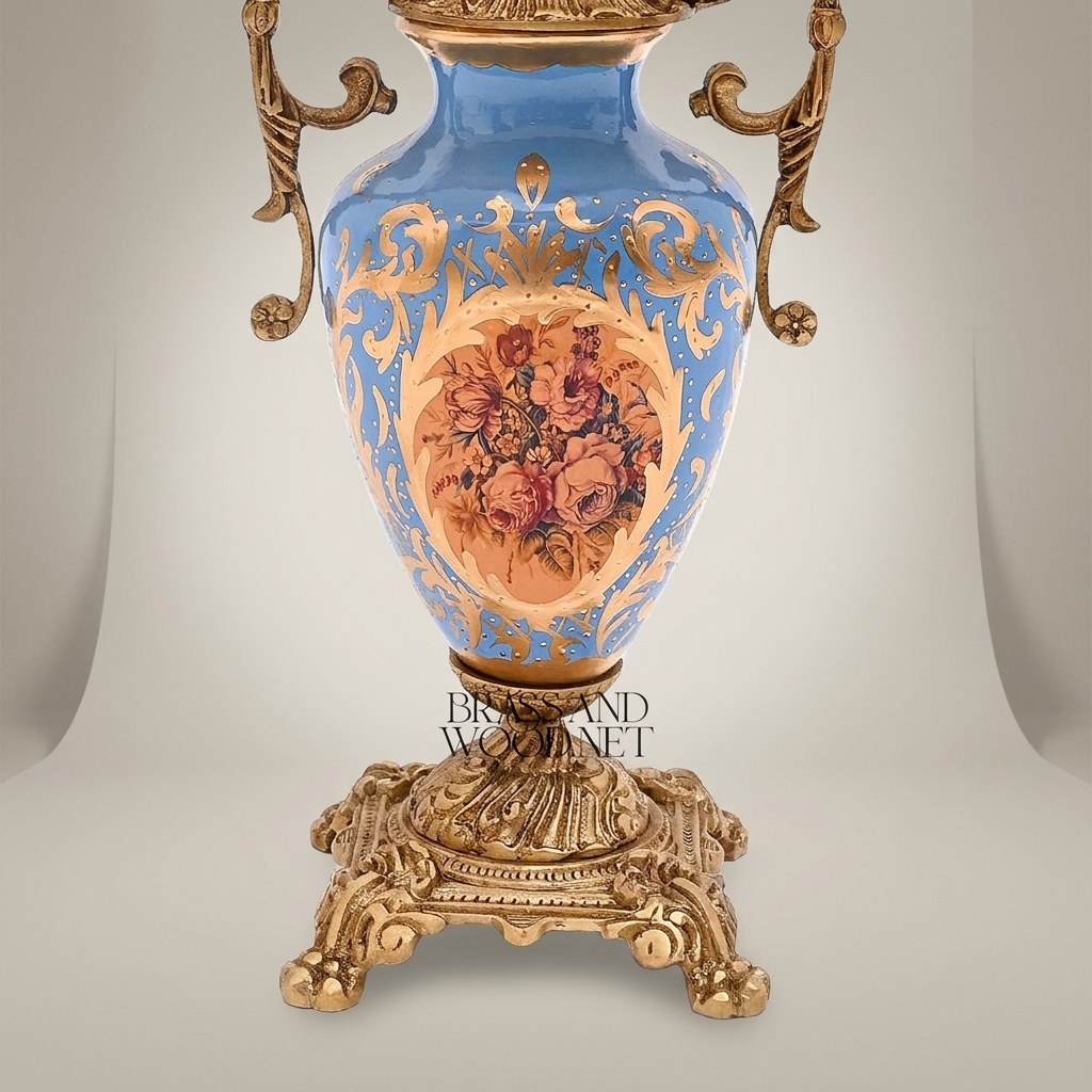Classical Porcelain Urn Table Lamp with Hand-Painted Medallion & Ornate Brass Scrollwork — Antique Gold