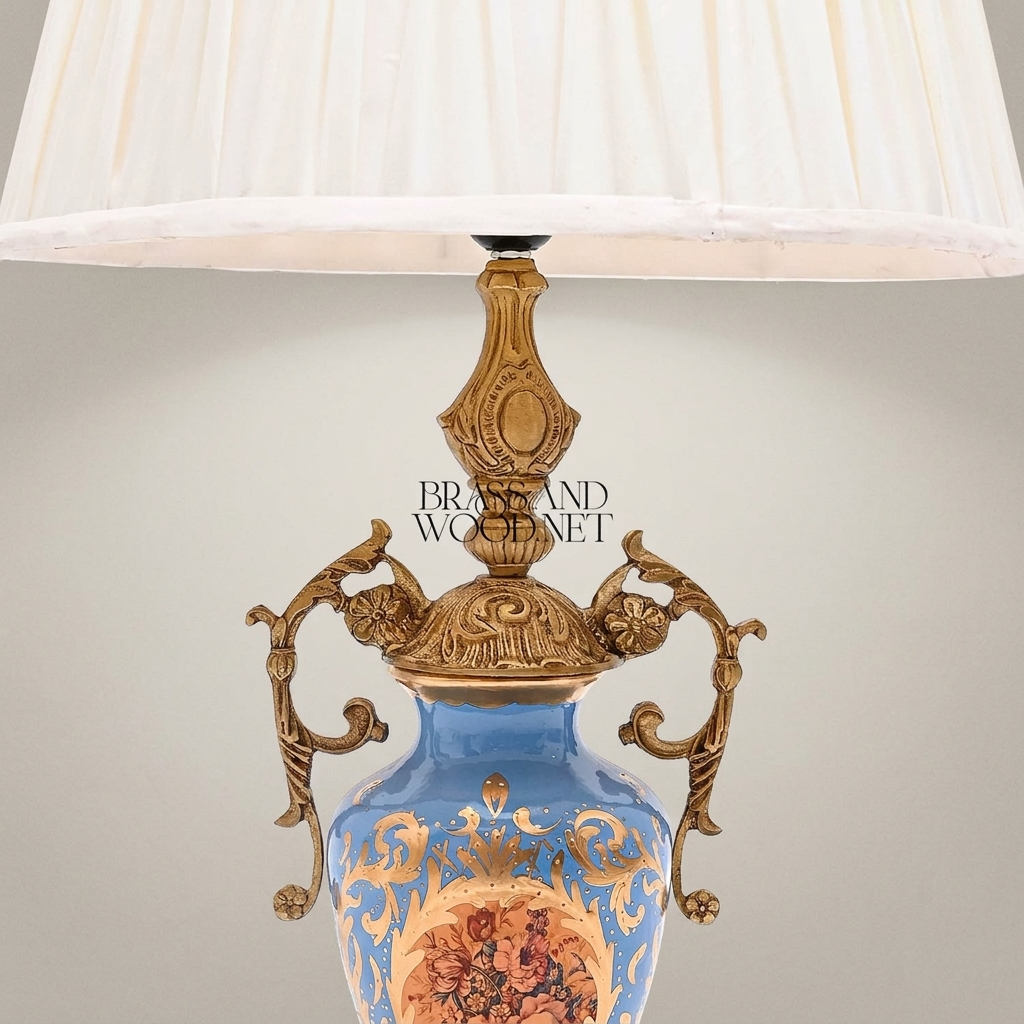Classical Porcelain Urn Table Lamp with Hand-Painted Medallion & Ornate Brass Scrollwork — Antique Gold