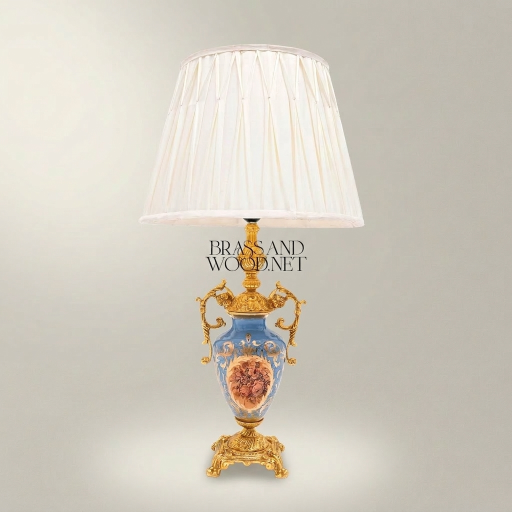 Classical Porcelain Urn Table Lamp with Hand-Painted Medallion & Ornate Brass Scrollwork — Gold