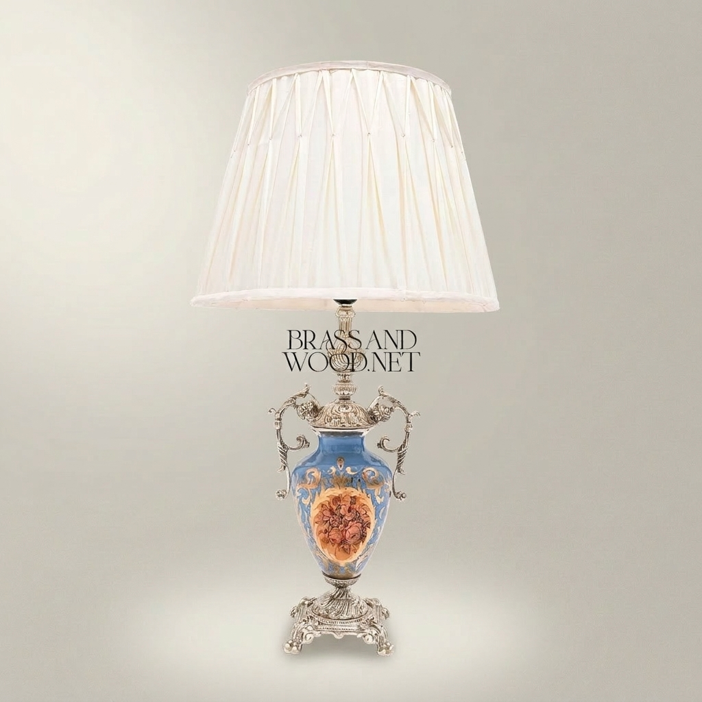 Classical Porcelain Urn Table Lamp with Hand-Painted Medallion & Ornate Brass Scrollwork — Silver