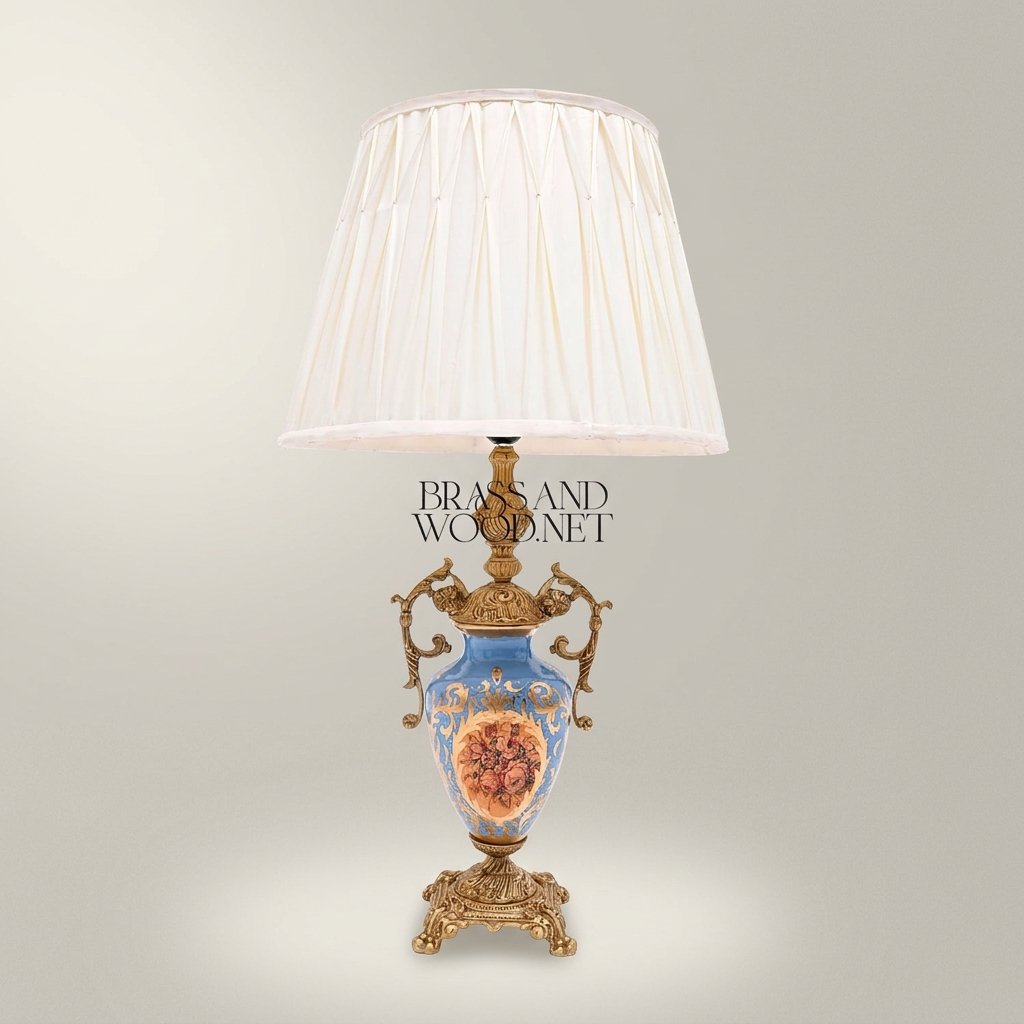Classical Porcelain Urn Table Lamp with Hand-Painted Medallion & Ornate Brass Scrollwork — Antique Gold