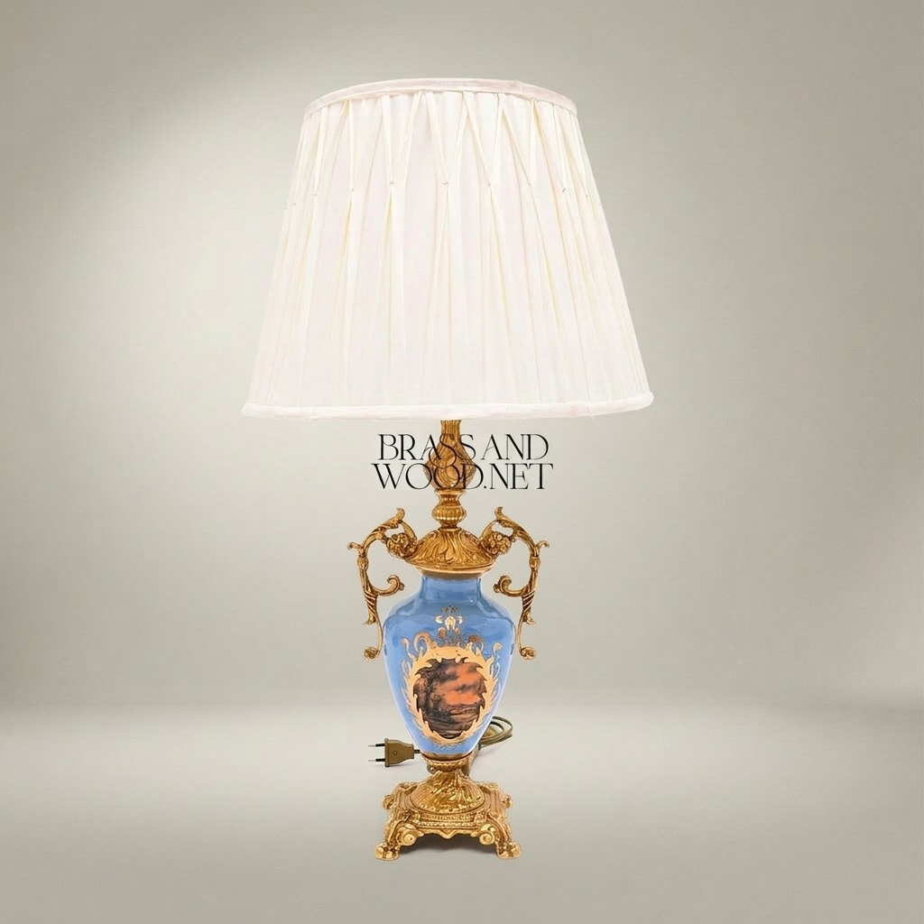 Classical Porcelain Urn Table Lamp with Hand-Painted Medallion & Ornate Brass Scrollwork — Gold