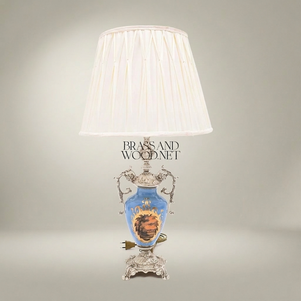 Classical Porcelain Urn Table Lamp with Hand-Painted Medallion & Ornate Brass Scrollwork — Silver
