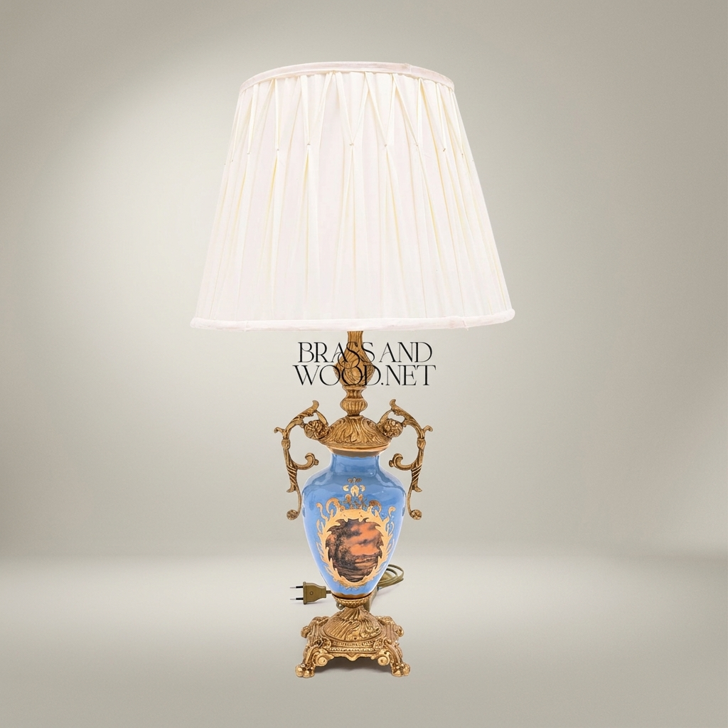 Classical Porcelain Urn Table Lamp with Hand-Painted Medallion & Ornate Brass Scrollwork — Antique Gold
