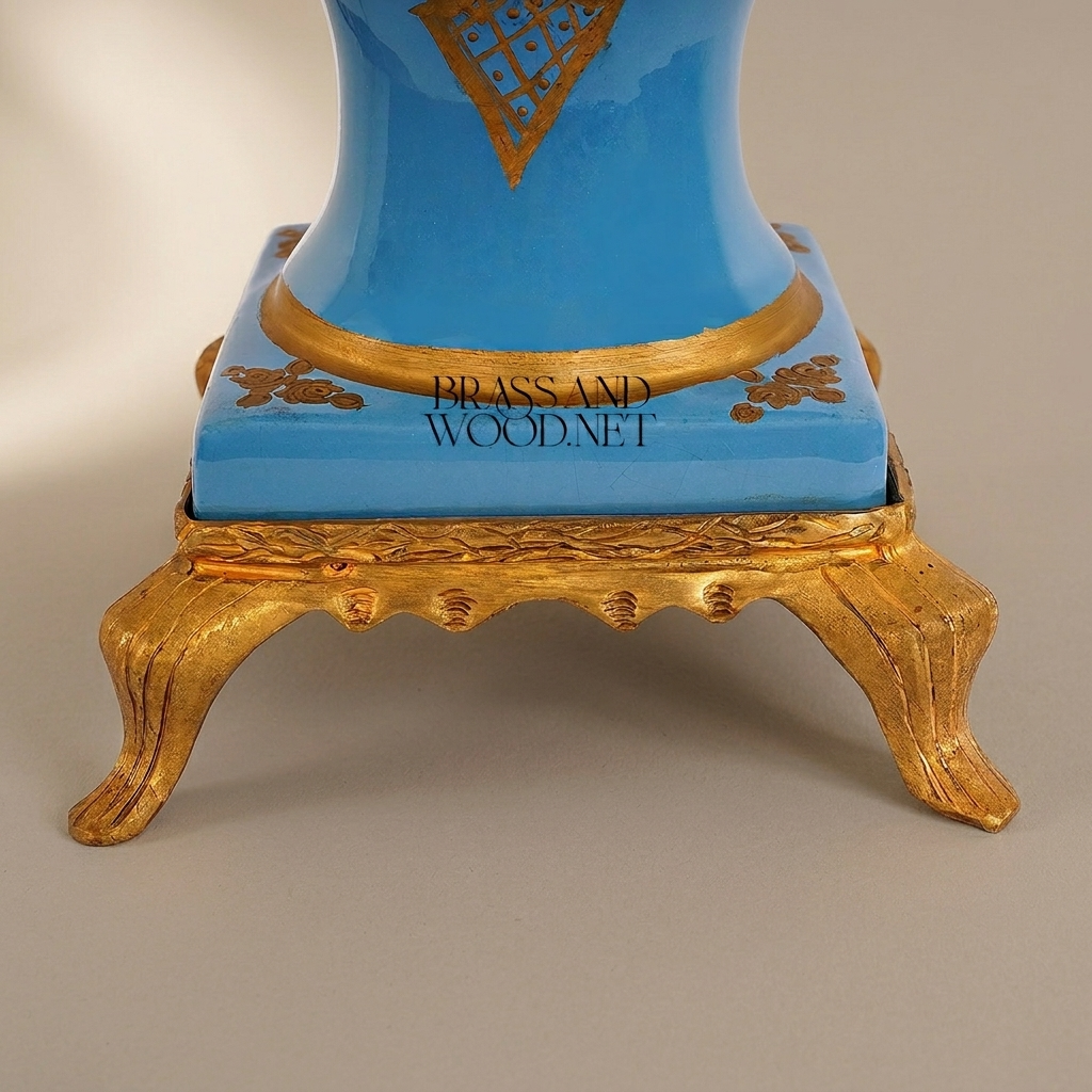 Classical Porcelain Vase Table Lamp - Blue Floral Hand-Painted with Ornate Brass Base — Antique Gold