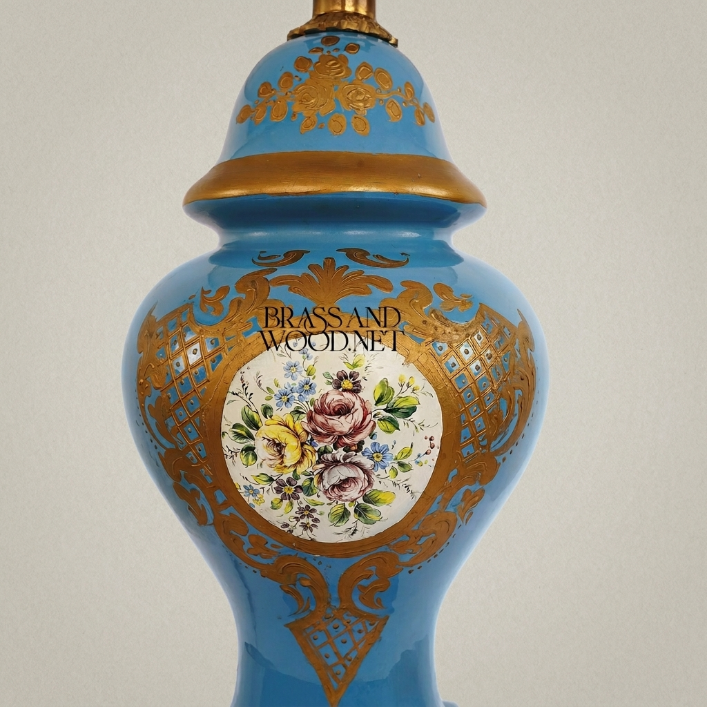 Classical Porcelain Vase Table Lamp - Blue Floral Hand-Painted with Ornate Brass Base — Antique Gold