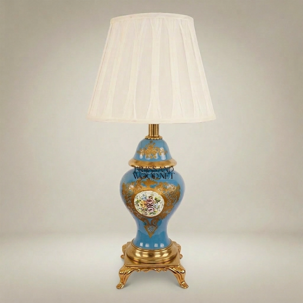 Classical Porcelain Vase Table Lamp - Blue Floral Hand-Painted with Ornate Brass Base — Gold