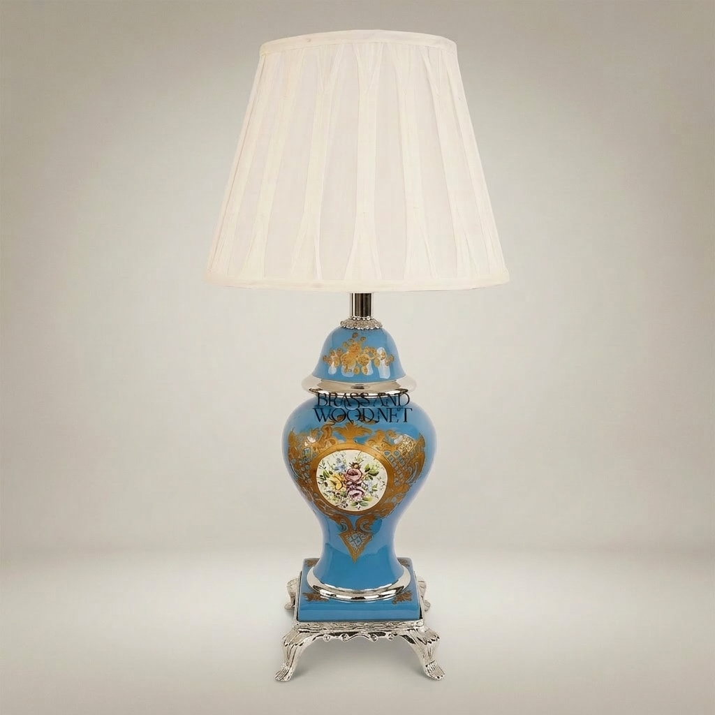 Classical Porcelain Vase Table Lamp - Blue Floral Hand-Painted with Ornate Brass Base — Silver
