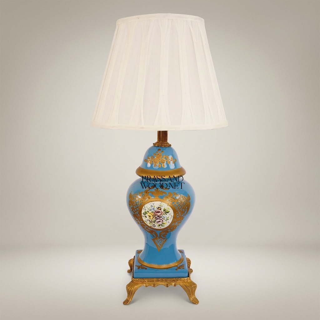 Classical Porcelain Vase Table Lamp - Blue Floral Hand-Painted with Ornate Brass Base — Antique Gold