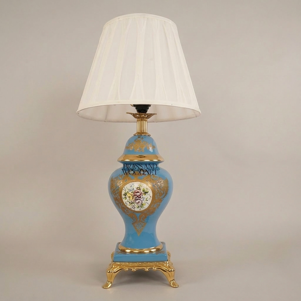 Classical Porcelain Vase Table Lamp - Blue Floral Hand-Painted with Ornate Brass Base