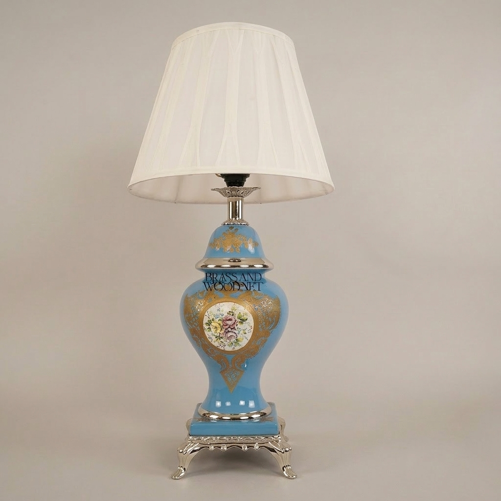 Classical Porcelain Vase Table Lamp - Blue Floral Hand-Painted with Ornate Brass Base — Silver