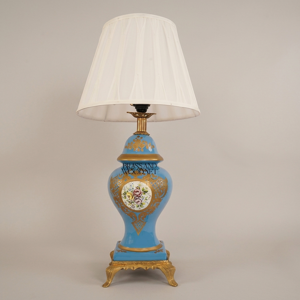 Classical Porcelain Vase Table Lamp - Blue Floral Hand-Painted with Ornate Brass Base — Antique Gold