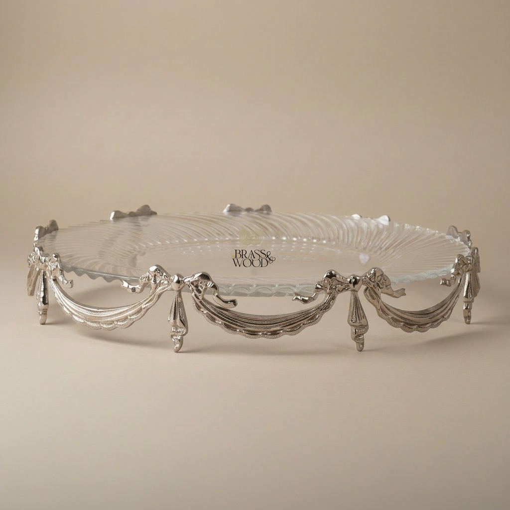 Classical Ribbed Glass & Brass Oval Centrepiece Tray - Draped Swag Frame — Silver