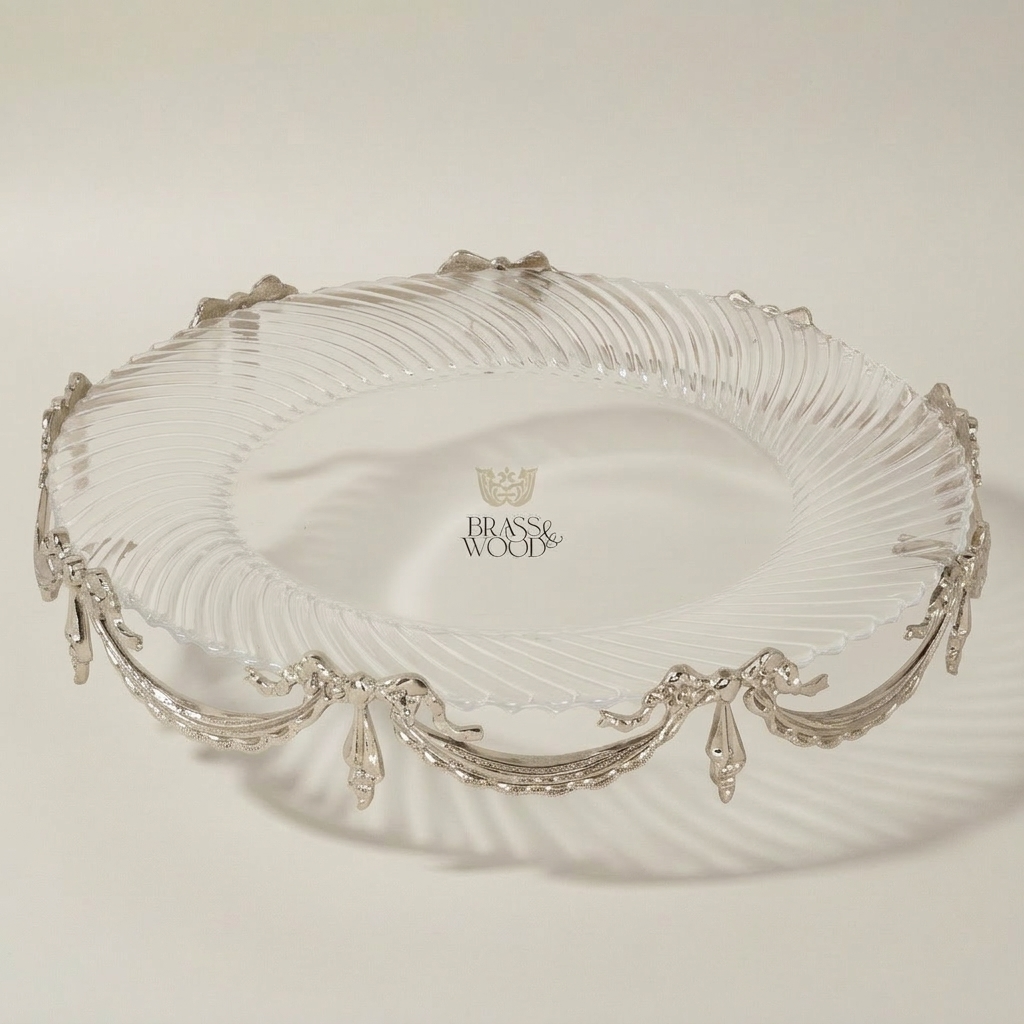 Classical Ribbed Glass & Brass Oval Centrepiece Tray - Draped Swag Frame — Antique Gold