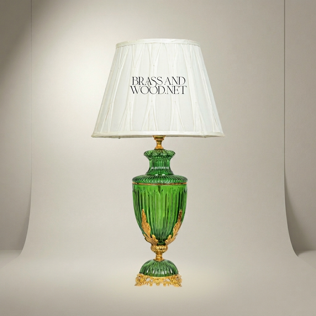Classical Ribbed Green Glass Urn Table Lamp with Ornate Brass Acanthus Base — Gold
