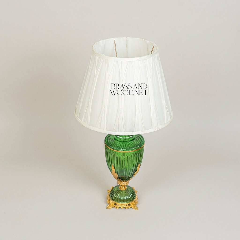 Classical Ribbed Green Glass Urn Table Lamp with Ornate Brass Acanthus Base