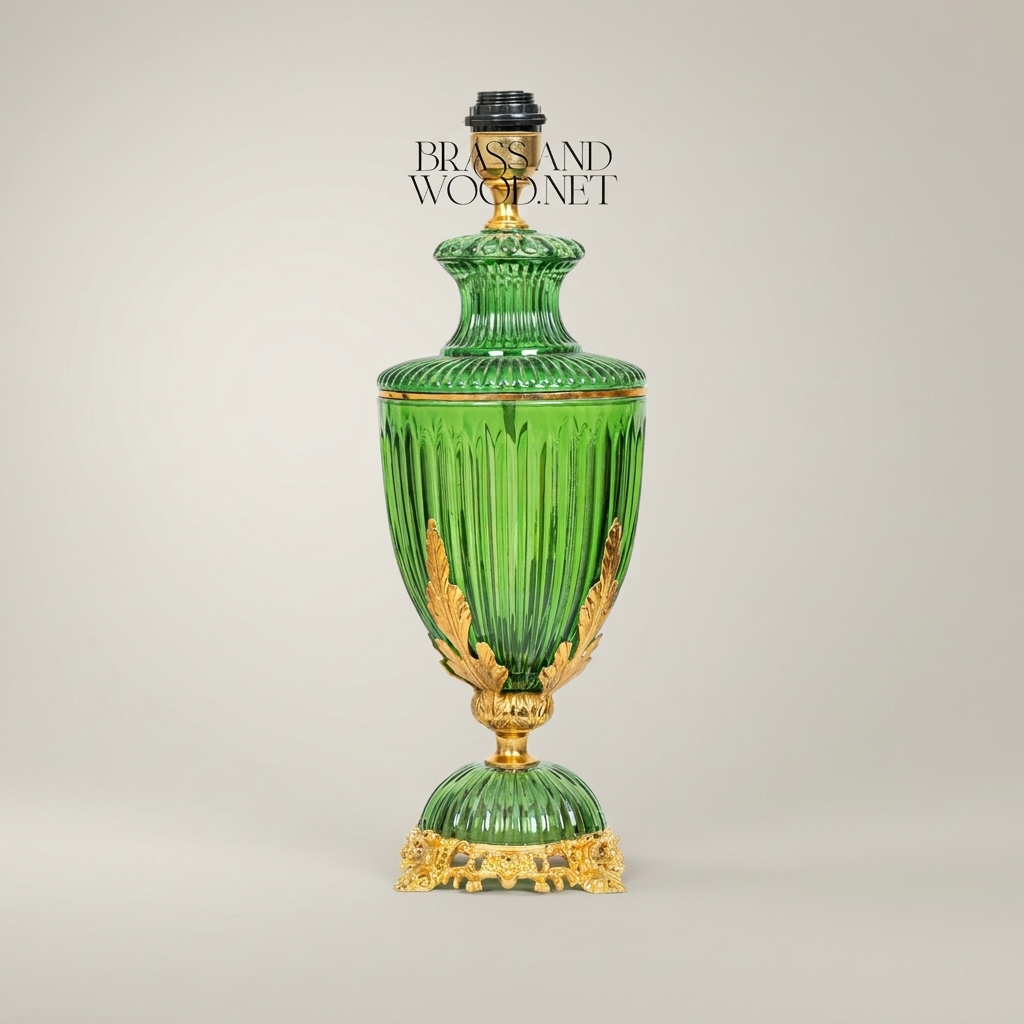 Classical Ribbed Green Glass Urn Table Lamp with Ornate Brass Acanthus Base — Gold