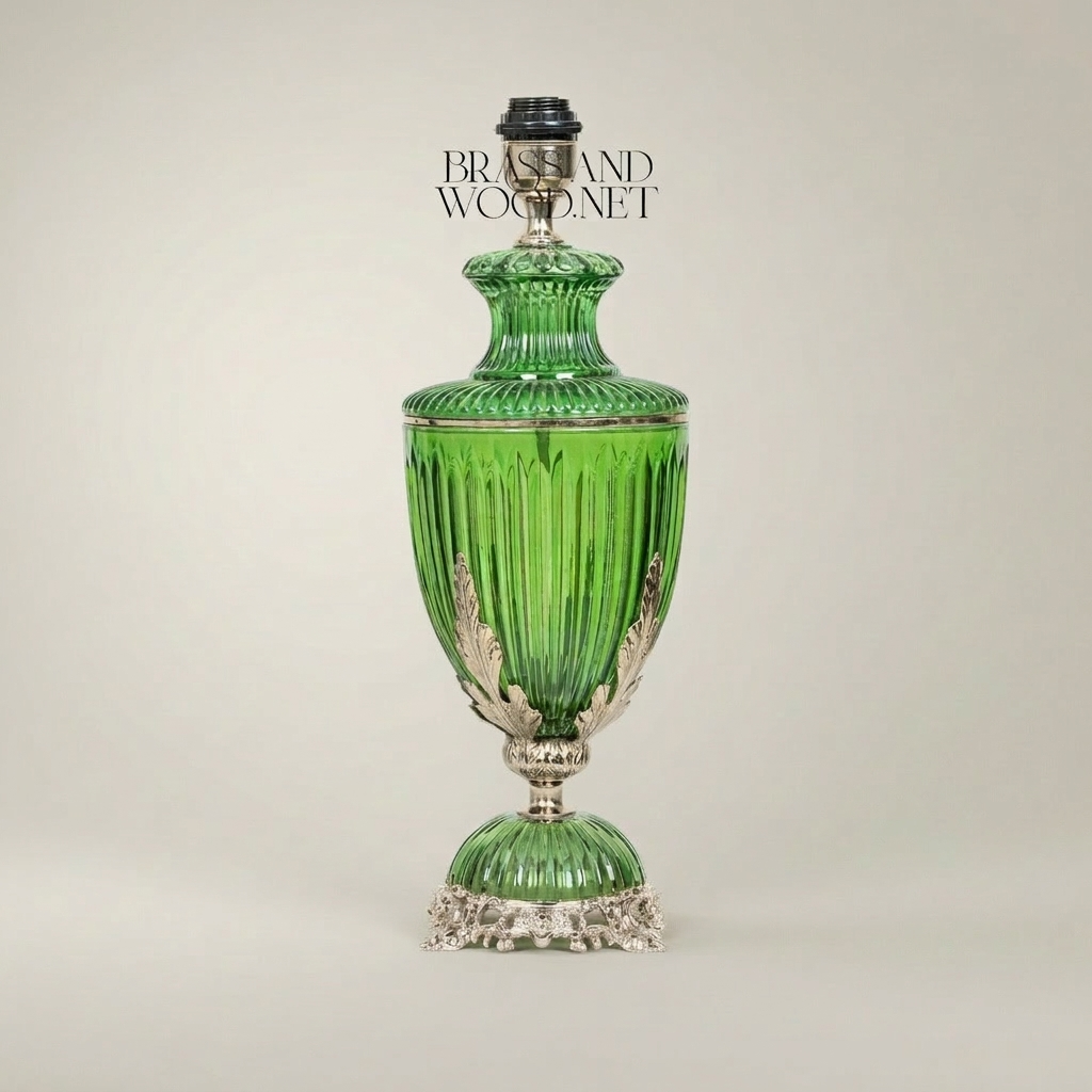 Classical Ribbed Green Glass Urn Table Lamp with Ornate Brass Acanthus Base — Silver