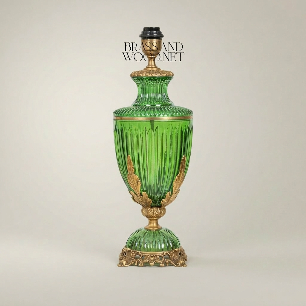 Classical Ribbed Green Glass Urn Table Lamp with Ornate Brass Acanthus Base — Antique Gold