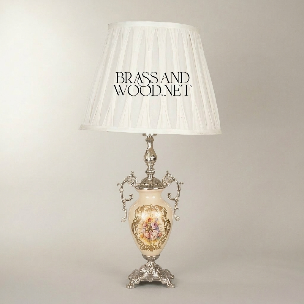 Classical Rococo Brass & Ceramic Table Lamp - Floral Hand-Painted Urn Base — Silver