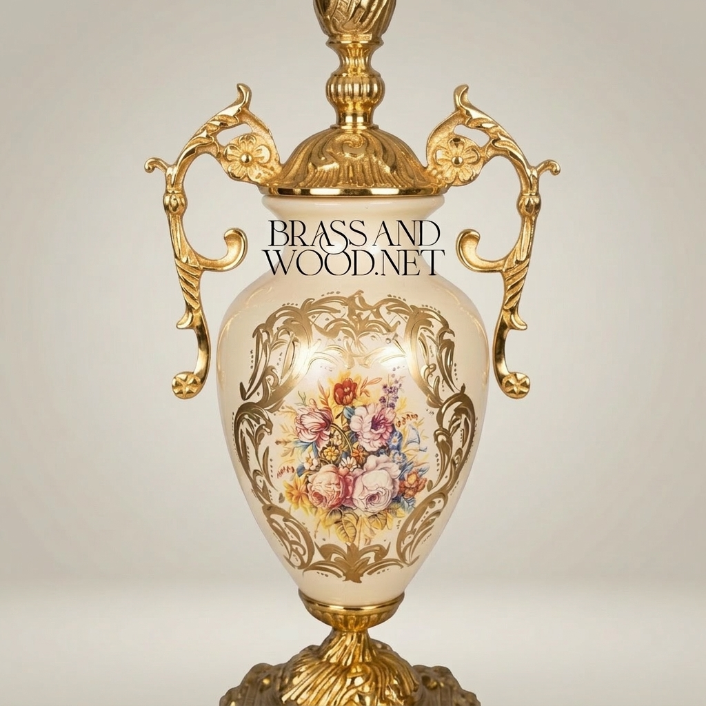 Classical Rococo Brass & Ceramic Table Lamp - Floral Hand-Painted Urn Base — Gold