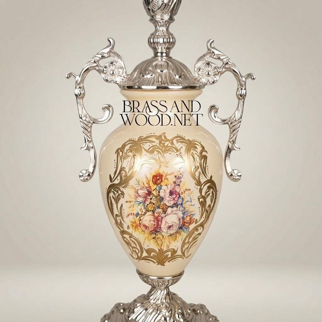 Classical Rococo Brass & Ceramic Table Lamp - Floral Hand-Painted Urn Base — Silver