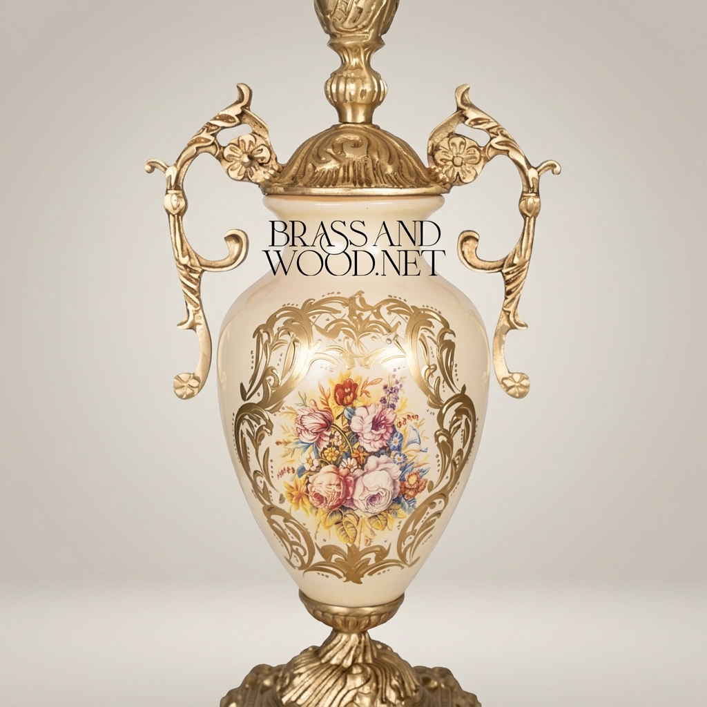 Classical Rococo Brass & Ceramic Table Lamp - Floral Hand-Painted Urn Base — Antique Gold