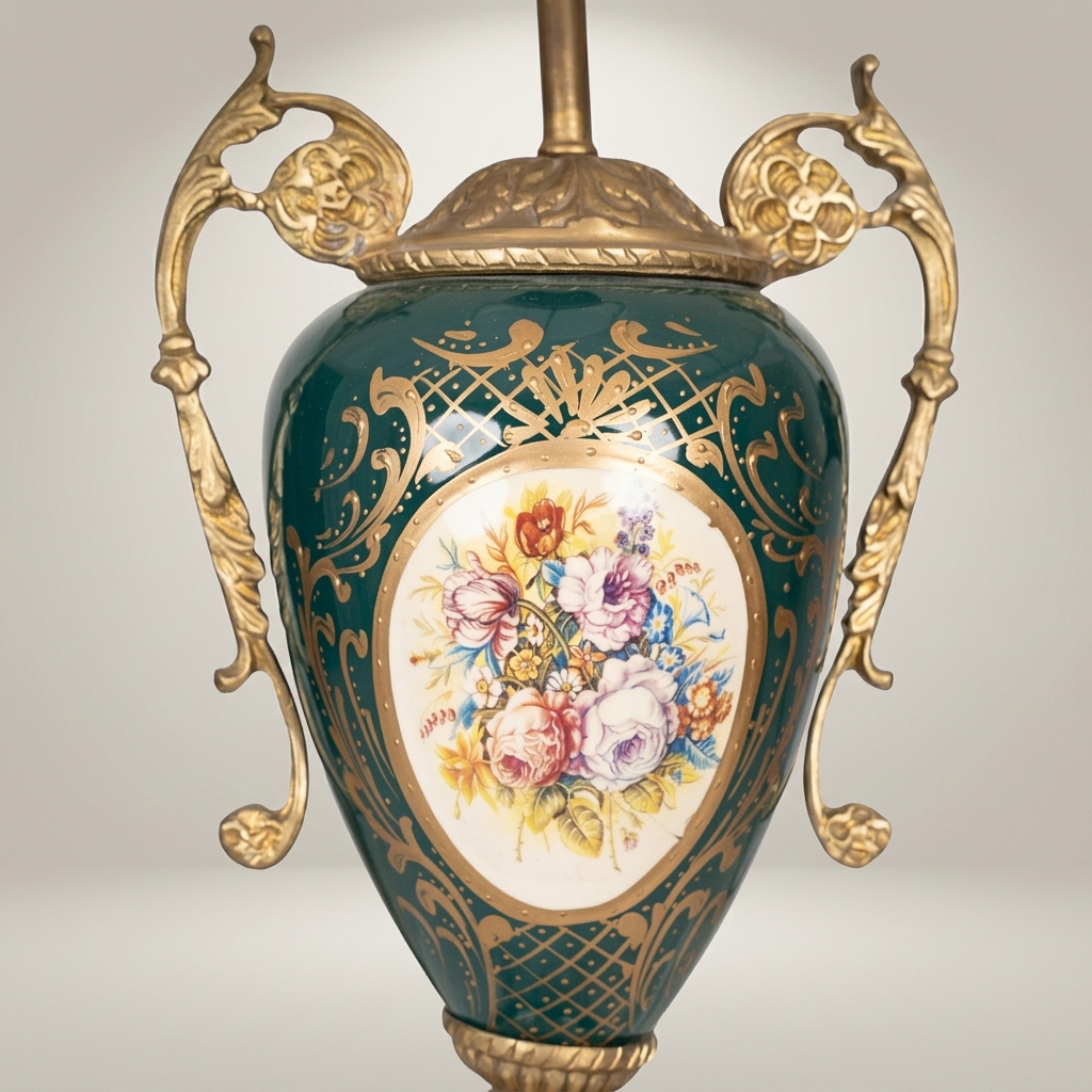 Classical Rococo Ceramic Urn Table Lamp - Hand-Painted Floral Medallion — Antique Gold