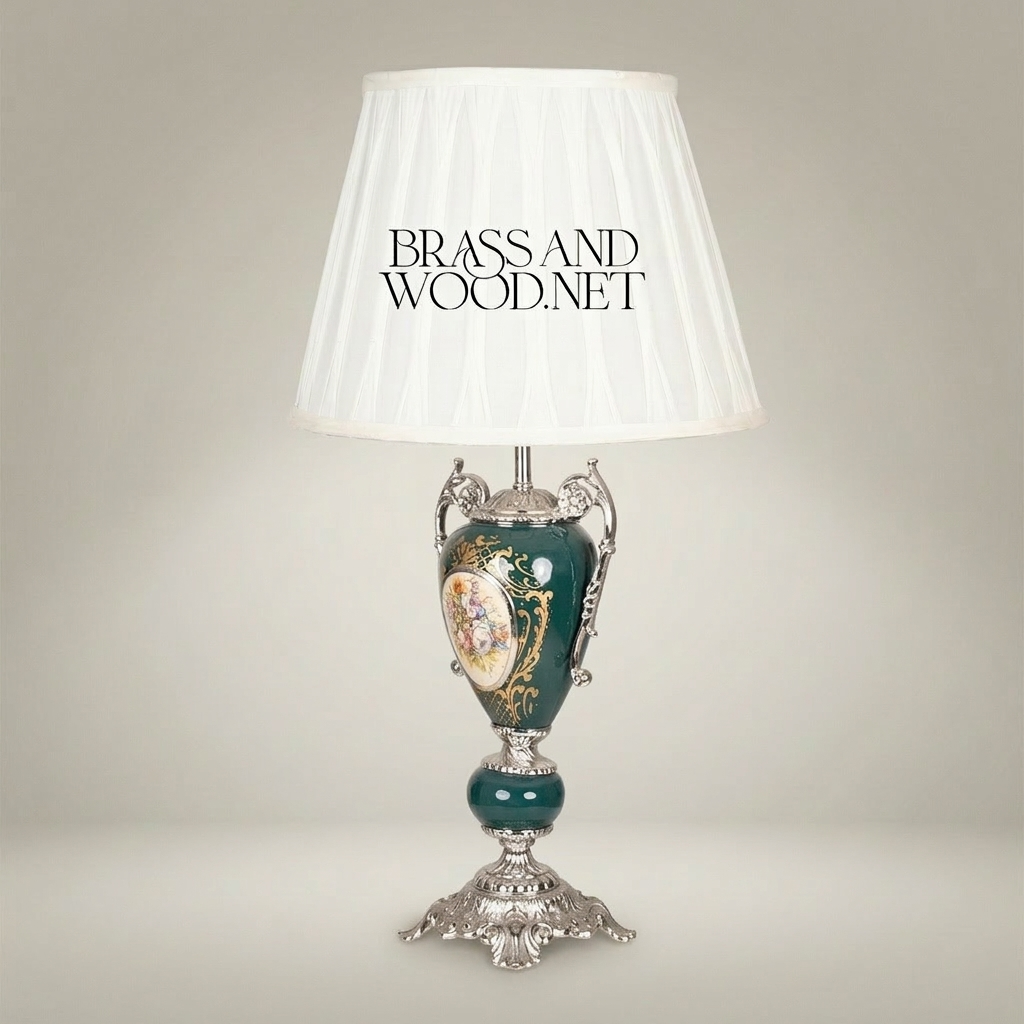 Classical Rococo Ceramic Urn Table Lamp - Hand-Painted Floral Medallion — Silver