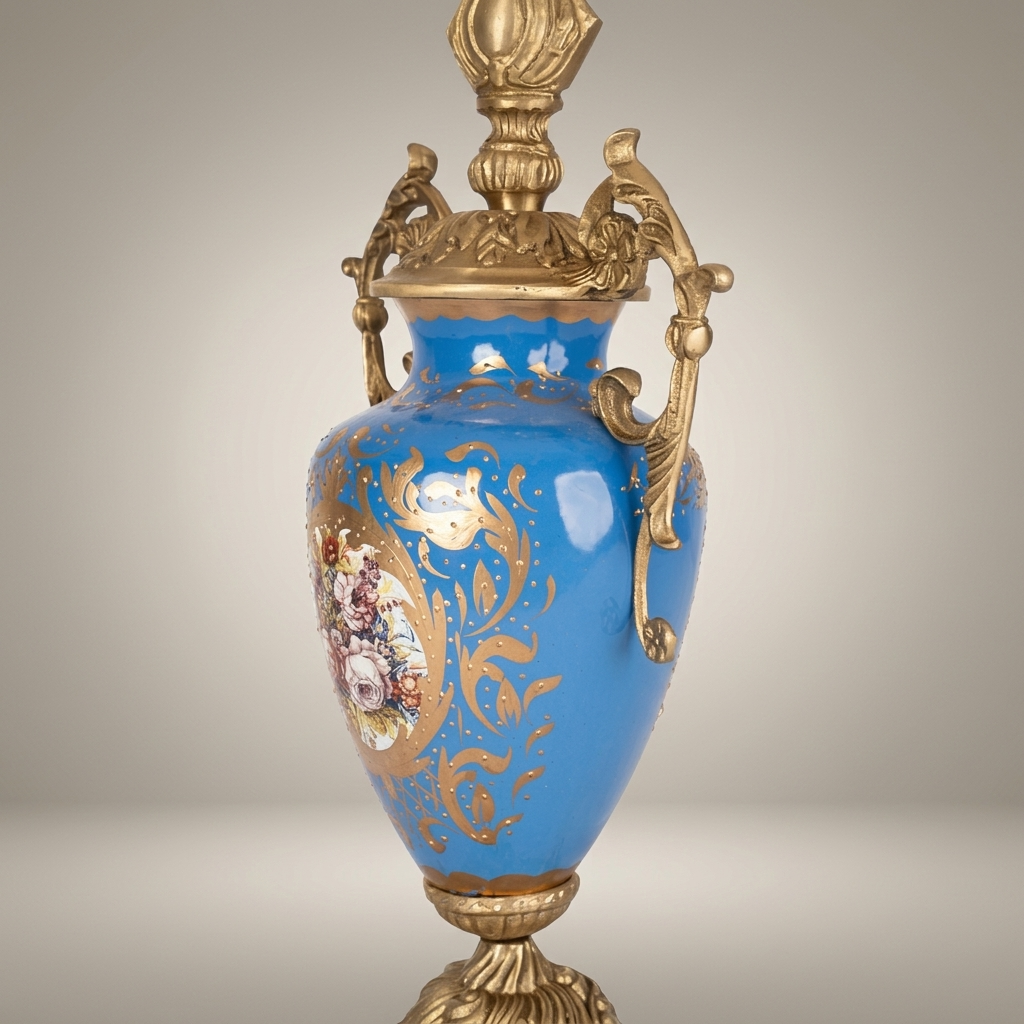 Classical Sèvres-Style Porcelain Urn Table Lamp - Blue Floral with Ornate Brass Handles — Antique Gold