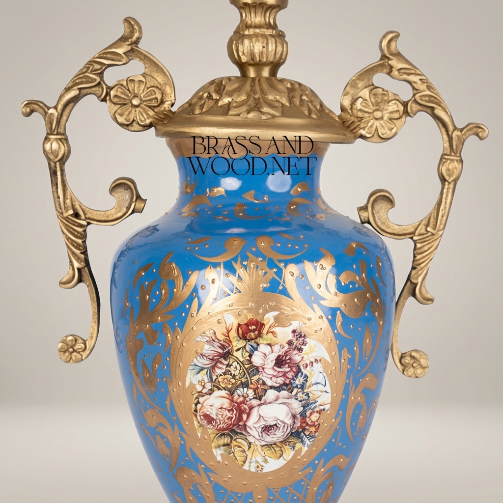 Classical Sèvres-Style Porcelain Urn Table Lamp - Blue Floral with Ornate Brass Handles — Antique Gold