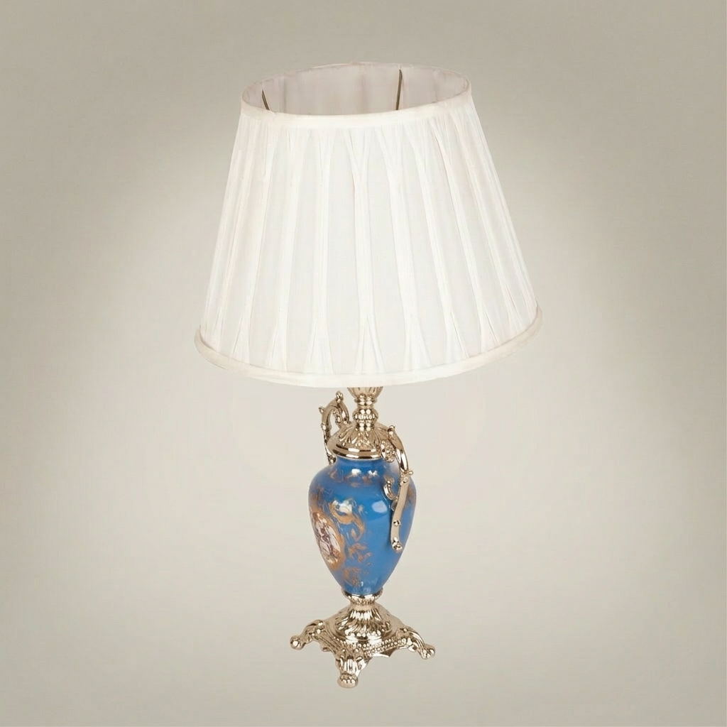 Classical Sèvres-Style Porcelain Urn Table Lamp - Blue Floral with Ornate Brass Handles — Silver