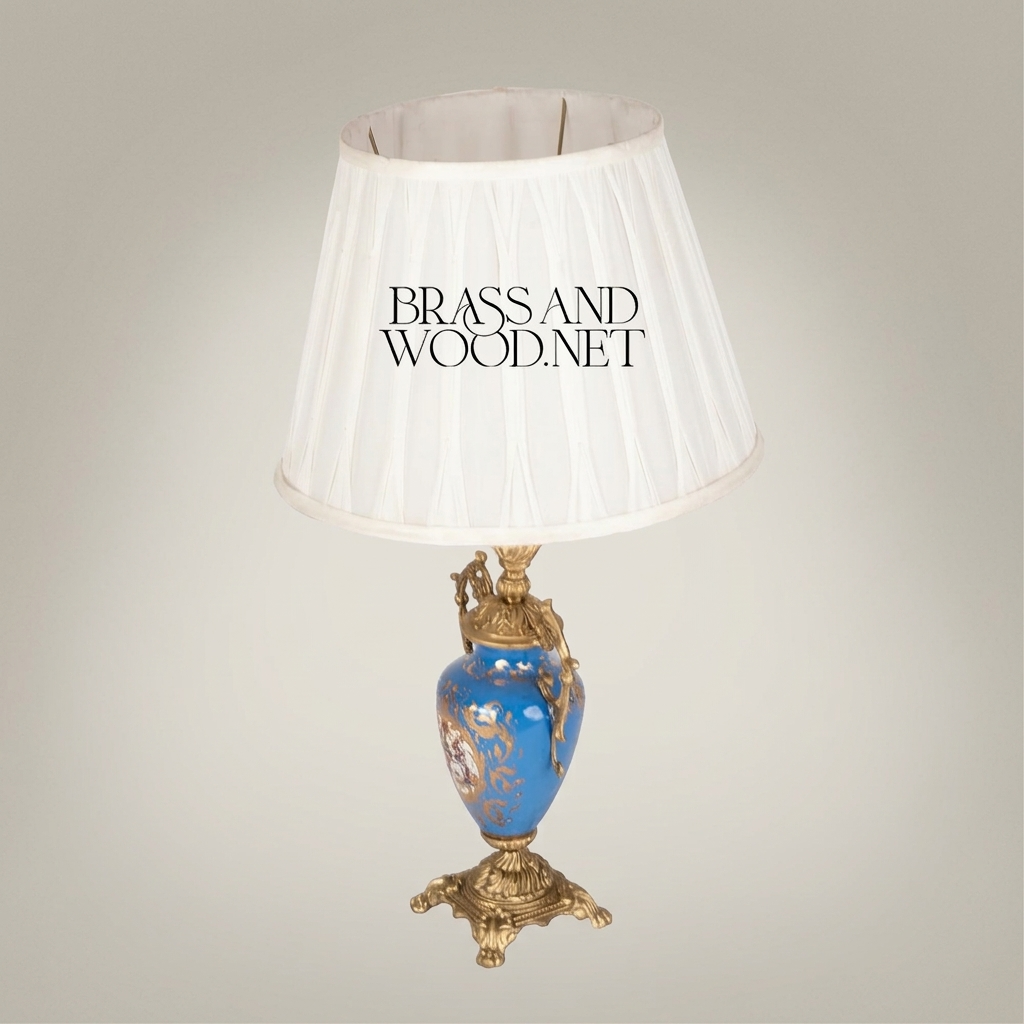Classical Sèvres-Style Porcelain Urn Table Lamp - Blue Floral with Ornate Brass Handles — Antique Gold