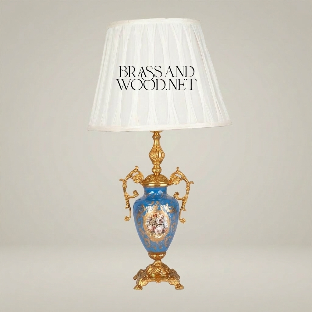 Classical Sèvres-Style Porcelain Urn Table Lamp - Blue Floral with Ornate Brass Handles — Gold