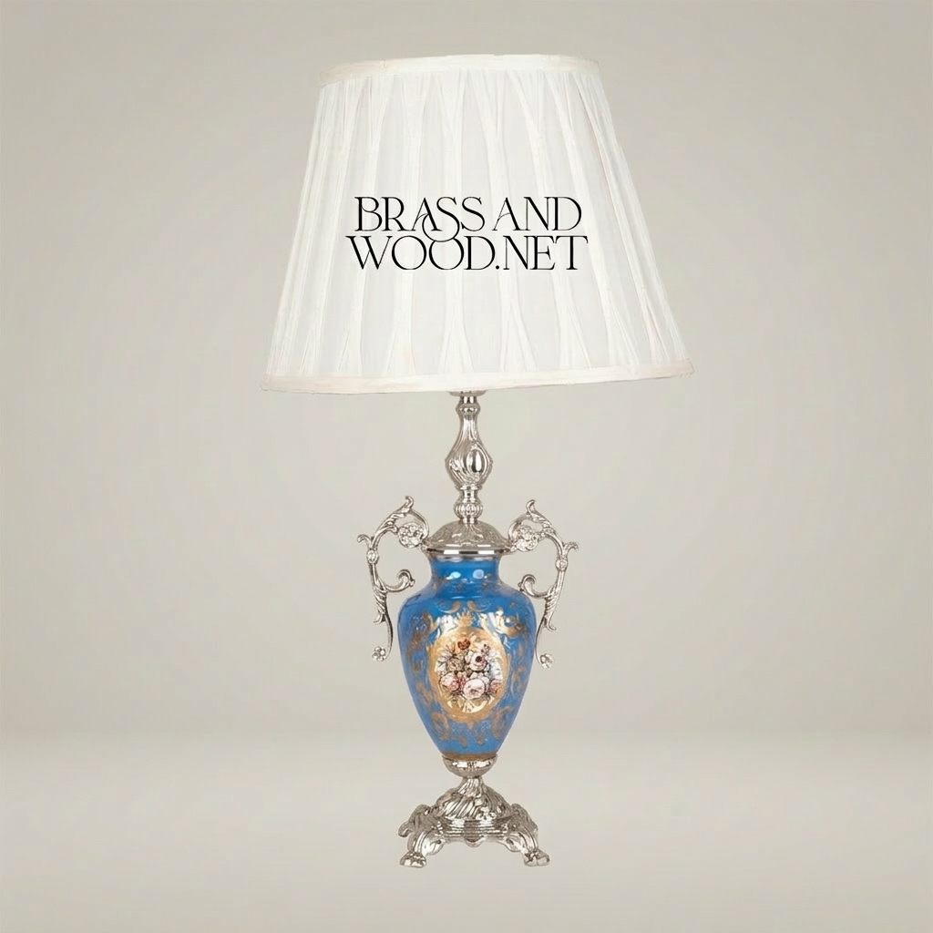 Classical Sèvres-Style Porcelain Urn Table Lamp - Blue Floral with Ornate Brass Handles — Silver