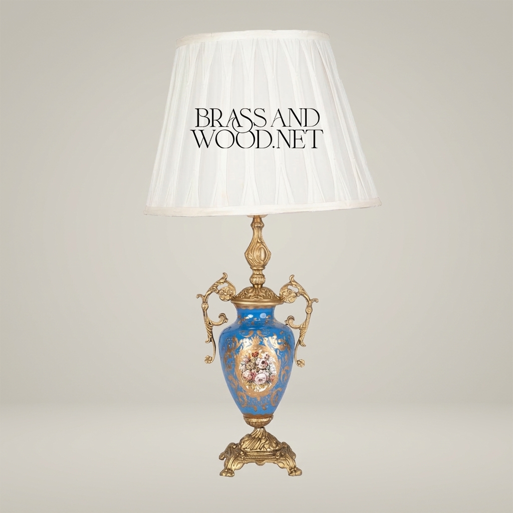 Classical Sèvres-Style Porcelain Urn Table Lamp - Blue Floral with Ornate Brass Handles — Antique Gold