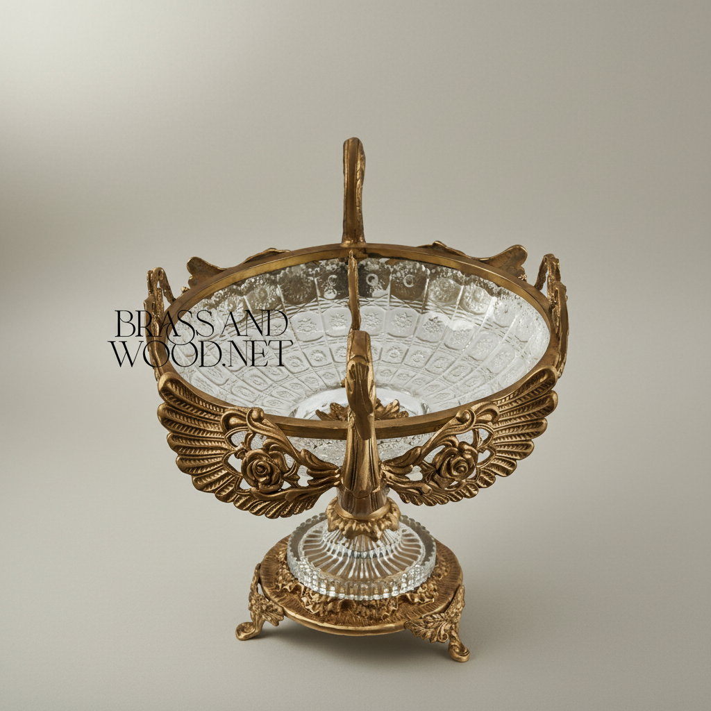 Classical Swan Brass & Crystal Centerpiece Bowl - Dual Swan Handles with Rose Motifs — Antique Gold
