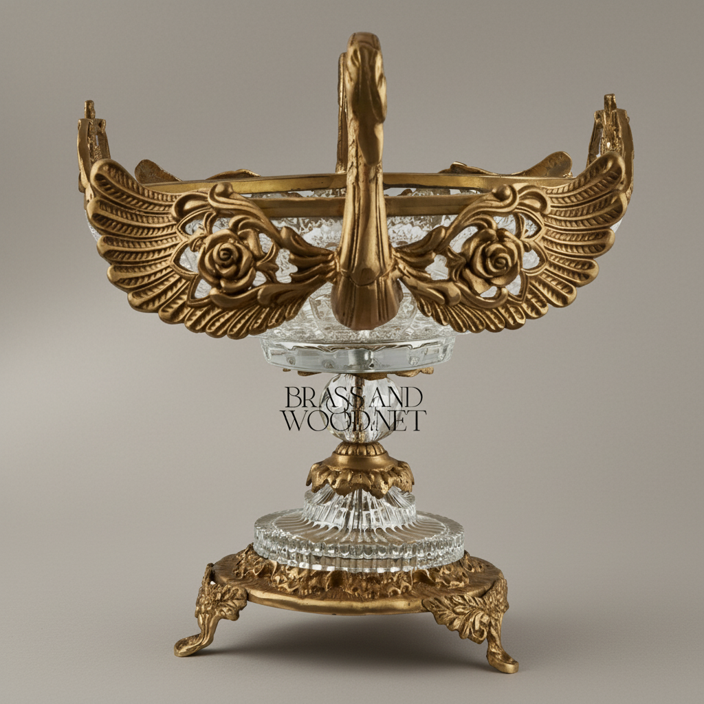 Classical Swan Brass & Crystal Centerpiece Bowl - Dual Swan Handles with Rose Motifs — Antique Gold