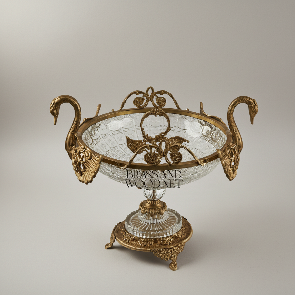 Classical Swan Brass & Crystal Centerpiece Bowl - Dual Swan Handles with Rose Motifs — Antique Gold