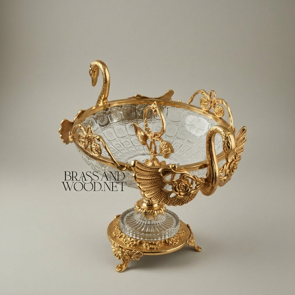 Classical Swan Brass & Crystal Centerpiece Bowl - Dual Swan Handles with Rose Motifs — Gold