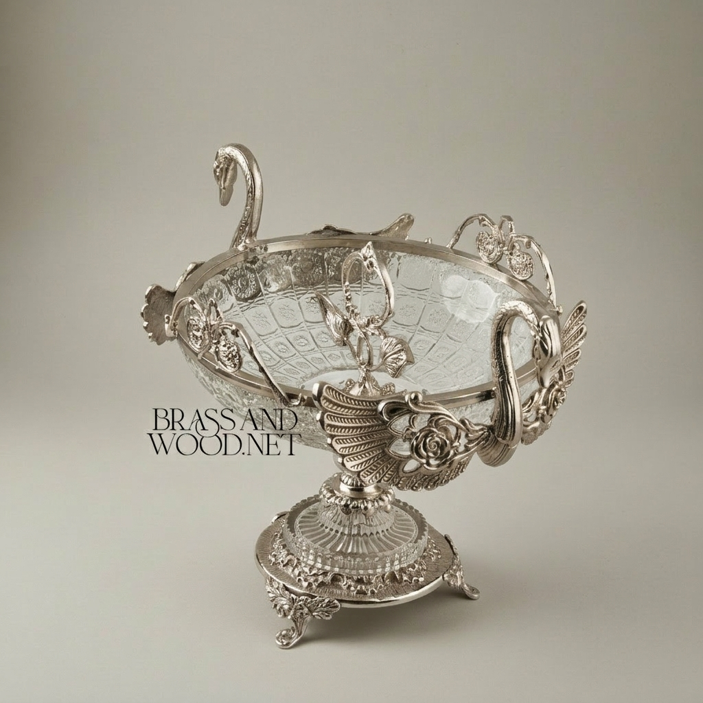 Classical Swan Brass & Crystal Centerpiece Bowl - Dual Swan Handles with Rose Motifs — Silver