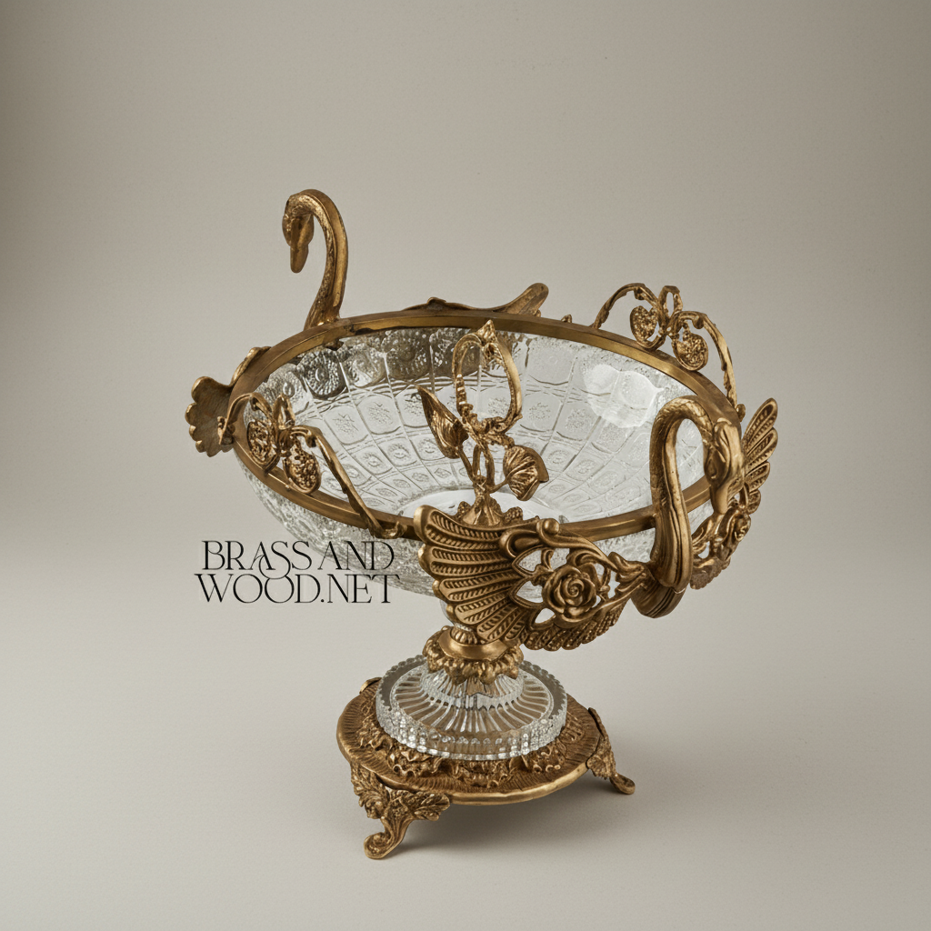 Classical Swan Brass & Crystal Centerpiece Bowl - Dual Swan Handles with Rose Motifs — Antique Gold