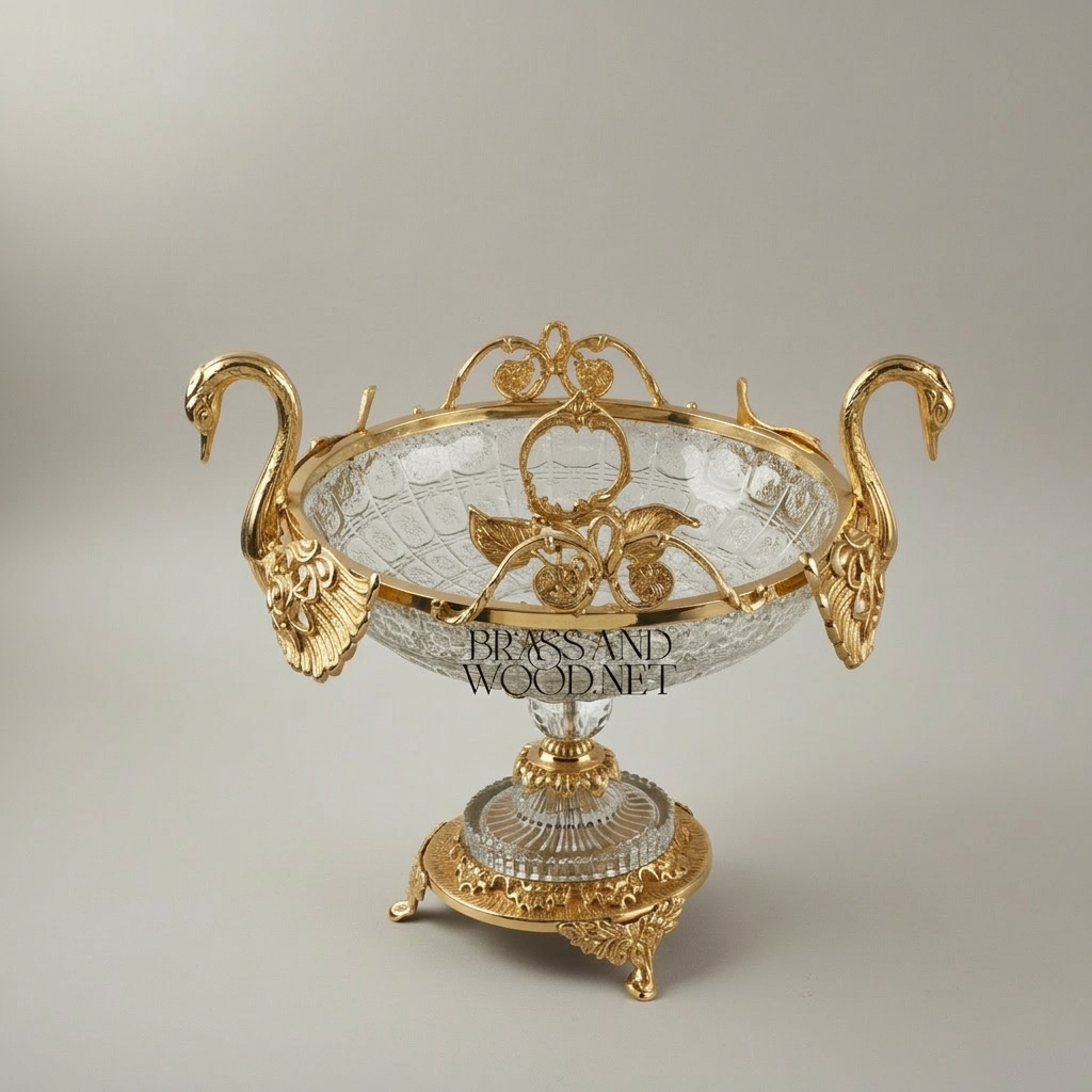 Classical Swan Brass & Crystal Centerpiece Bowl - Dual Swan Handles with Rose Motifs — Gold