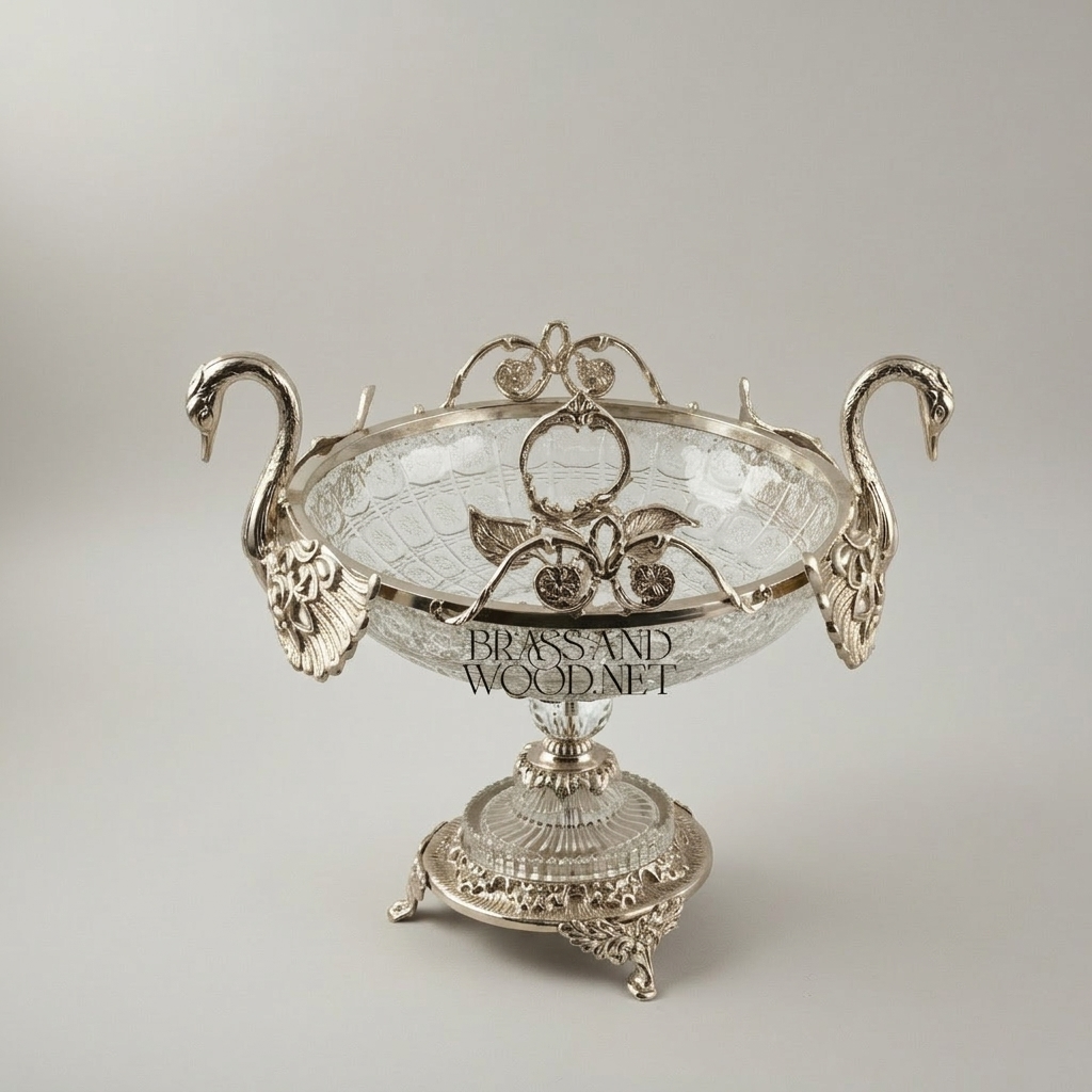 Classical Swan Brass & Crystal Centerpiece Bowl - Dual Swan Handles with Rose Motifs — Silver