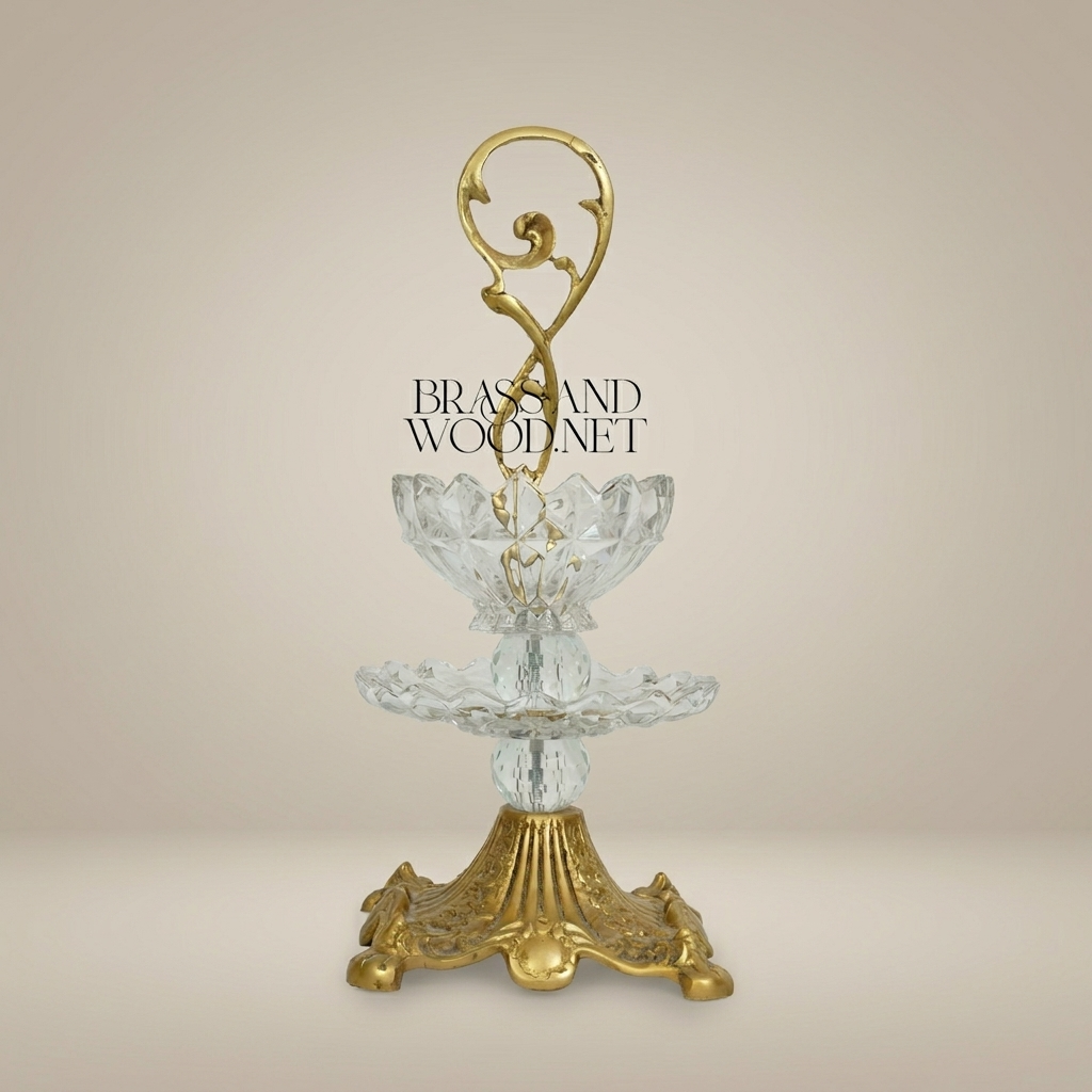 Classical Two-Tier Crystal & Brass Candy Dish - Ornate Scrollwork Handle — Antique Gold
