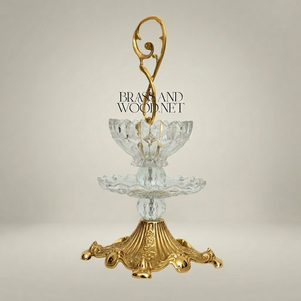 Classical Two-Tier Crystal & Brass Candy Dish - Ornate Scrollwork Handle