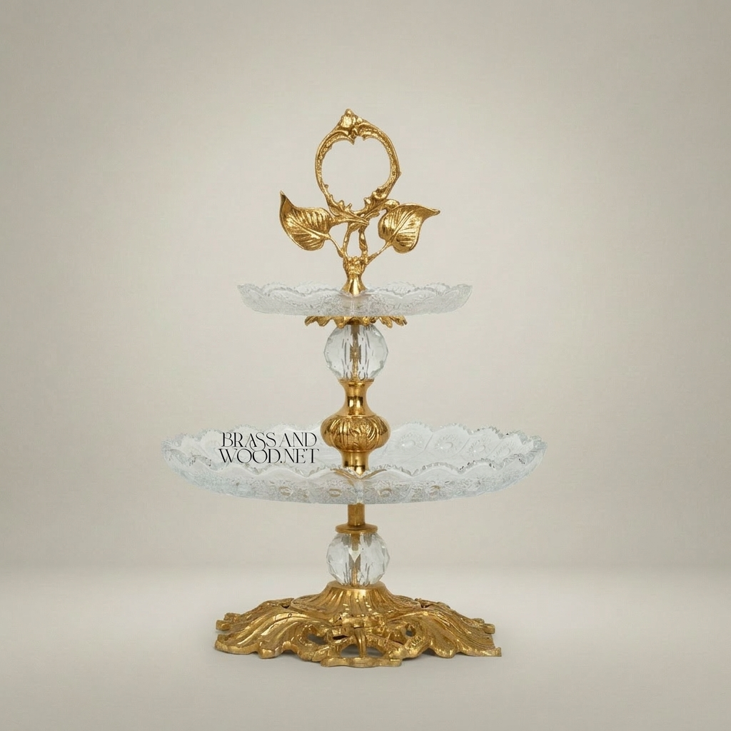 Classical Two-Tier Crystal & Brass Candy Dish - Ornate Leaf Handle Stand