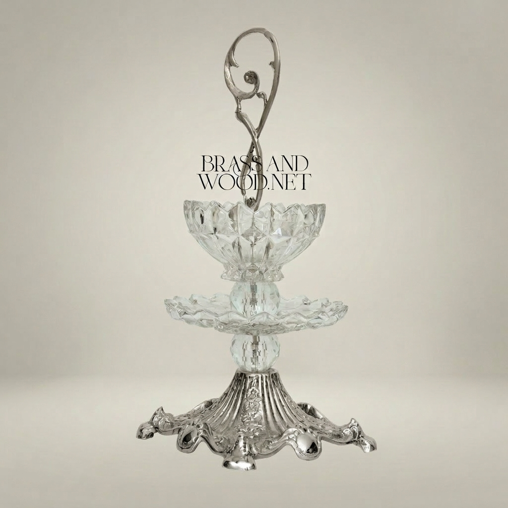 Classical Two-Tier Crystal & Brass Candy Dish - Ornate Scrollwork Handle — Silver
